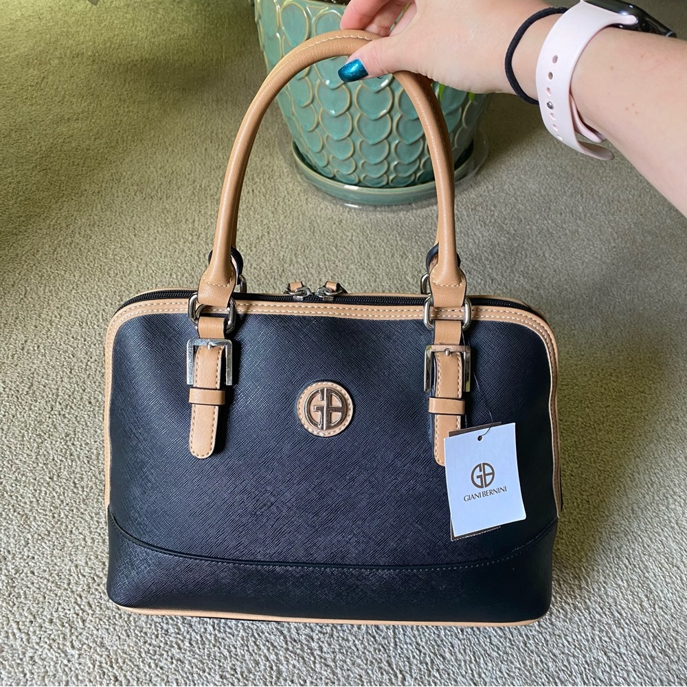 NWT Gianni Bernini black with tan trim satchel handbag